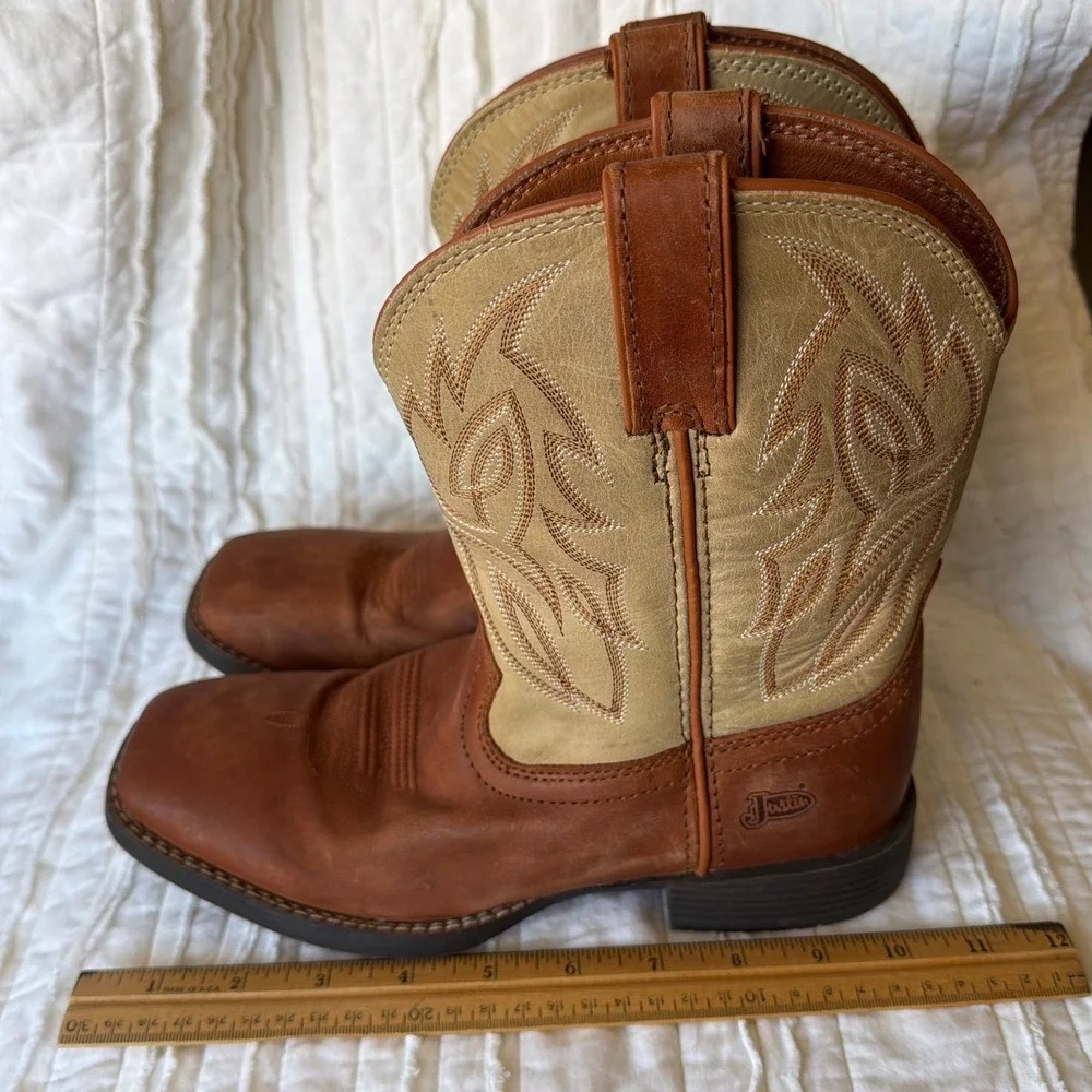 Justin Western Jr Canter Boots Brown Tan Leather Square Toe Kids 5.5D